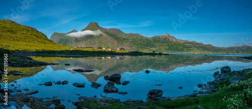Stunning fjord lansdcapes along the coast of the island of Flakstad  Lofoten Islands  Nordxland  Norway