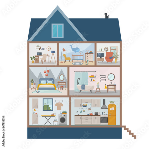 Dollhouse. Section of the house. Detailed interiors with furniture and decor.Set of rooms with furniture. Section with bedroom, living room, kitchen, dining room, bathroom, children's room. 