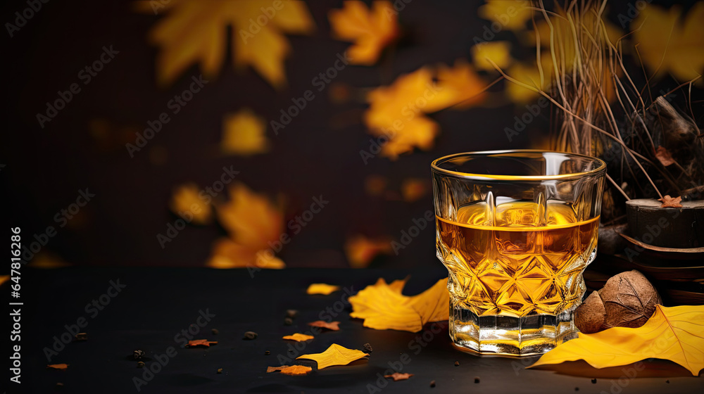 Wide glass of whiskey or bourbon on a black table with fallen leaves background. Blank space for product placement or advertising text.