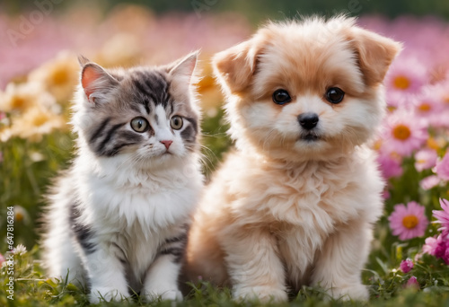 Cute and adorable little fluffy cat and dog on meadow. Generative AI