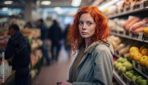 A young woman with red hair navigates the aisles of a grocery store alone, subtly embodying the characteristics of social anxiety and introversion, representing the Gen Z experience.