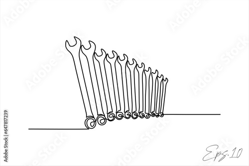 Continuous line art drawing of wrench set