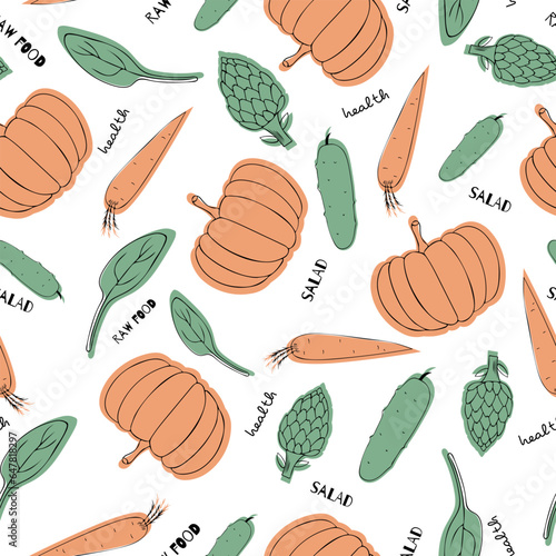 Assorted vegetables seamless pattern with pumpkin, carrotm spinach and artichoke on a white background.