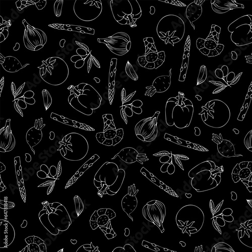 Vegetables pattern on black. Hand-drawn doodle vector seamless pattern of vegetables, metaphor of healthy eating.