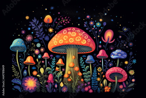 Magic mushrooms. Psychedelic hallucination. Vibrant illustration. 60s 70s hippie colorful art.