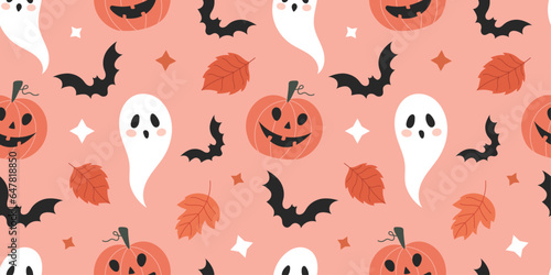 Seamless pattern with pumpkins, bats, autumn leaves and ghosts for Halloween