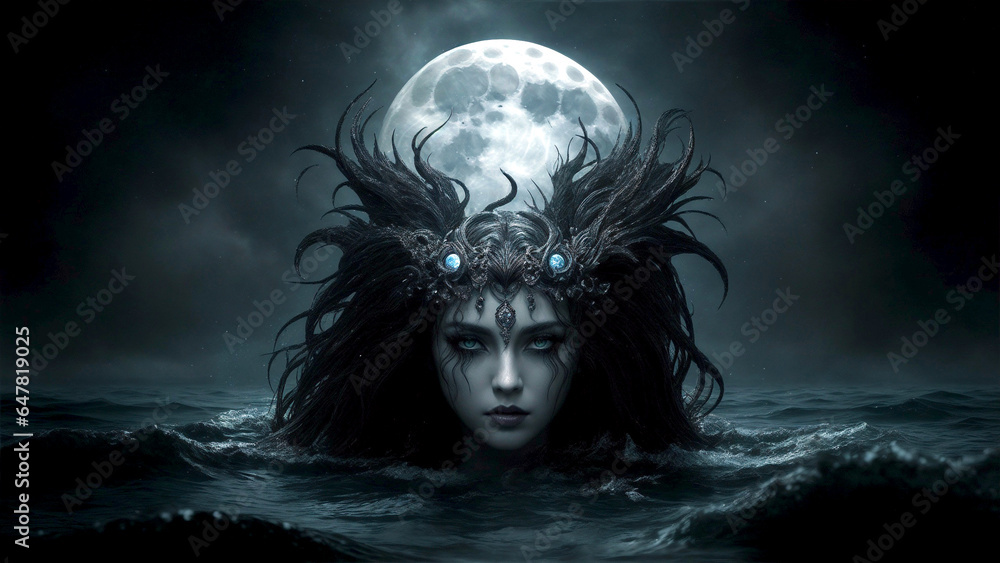 An evil witch who splits the sea and emerges from the sea on a clear night with a full moon. Mythical character about dark illusions