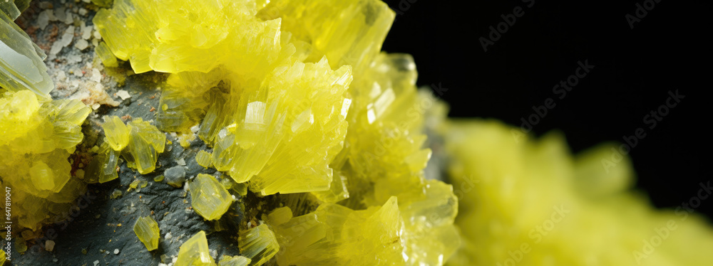 3D renderer of a rock covered in vibrant yellow crystal in formation, showcasing the beauty of nature up close, black background, sulfur, panoramic wallpaper, AI 3D renderer of a rock covered in vibrant yellow crystal in formation, showcasing the beauty of nature up close, black background, sulfur, panoramic wallpaper, AI