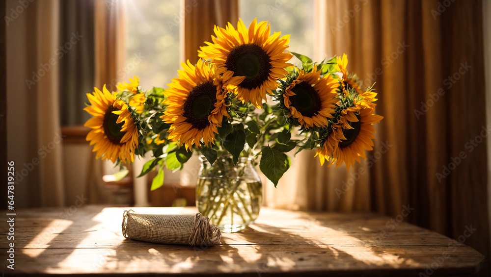 Vase with sunflowers on the background of a window, sun rays Vase with sunflowers on the background of a window, sun rays