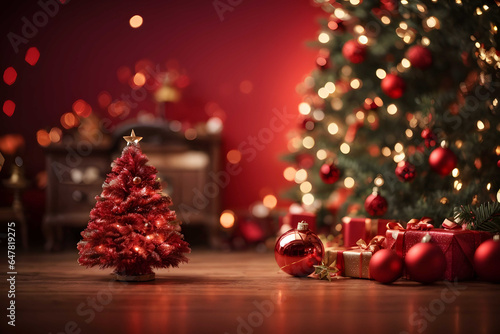 Christmas tree branches on glittering red background