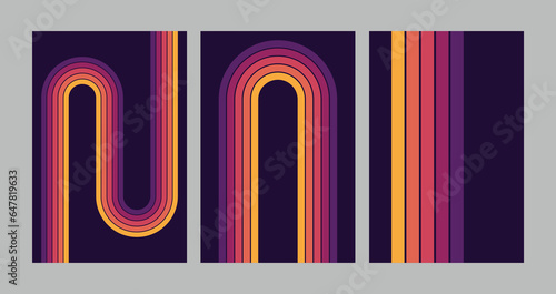 Retro groovy rainbow color striped background set. Vintage hippy style various abstract iridescent stripes. Trendy minimalistic y2k colourful artwork posters