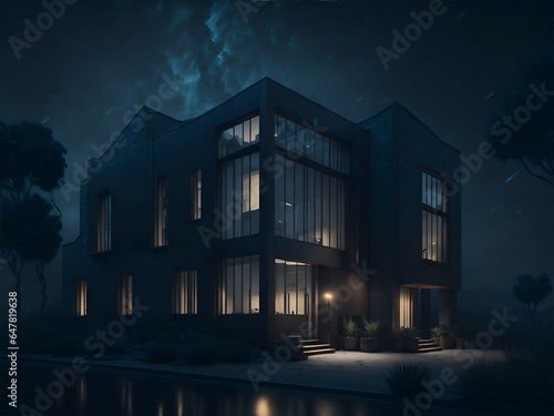 Night-time exterior shot of a laboratory complex, with the building illuminated against the dark sky. AI Generated