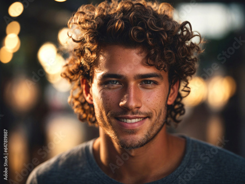 Portrait of a smiling handsome young man with curly hair outdoors in the evening.