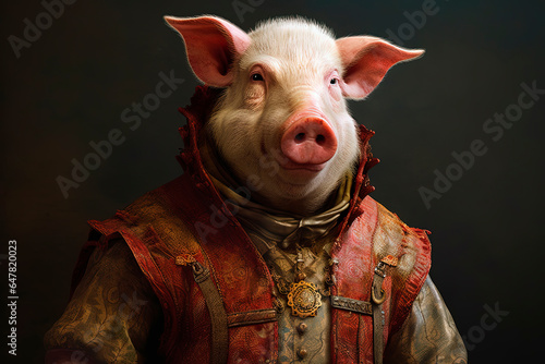 A pig dressed in medieval costume. Generative AI