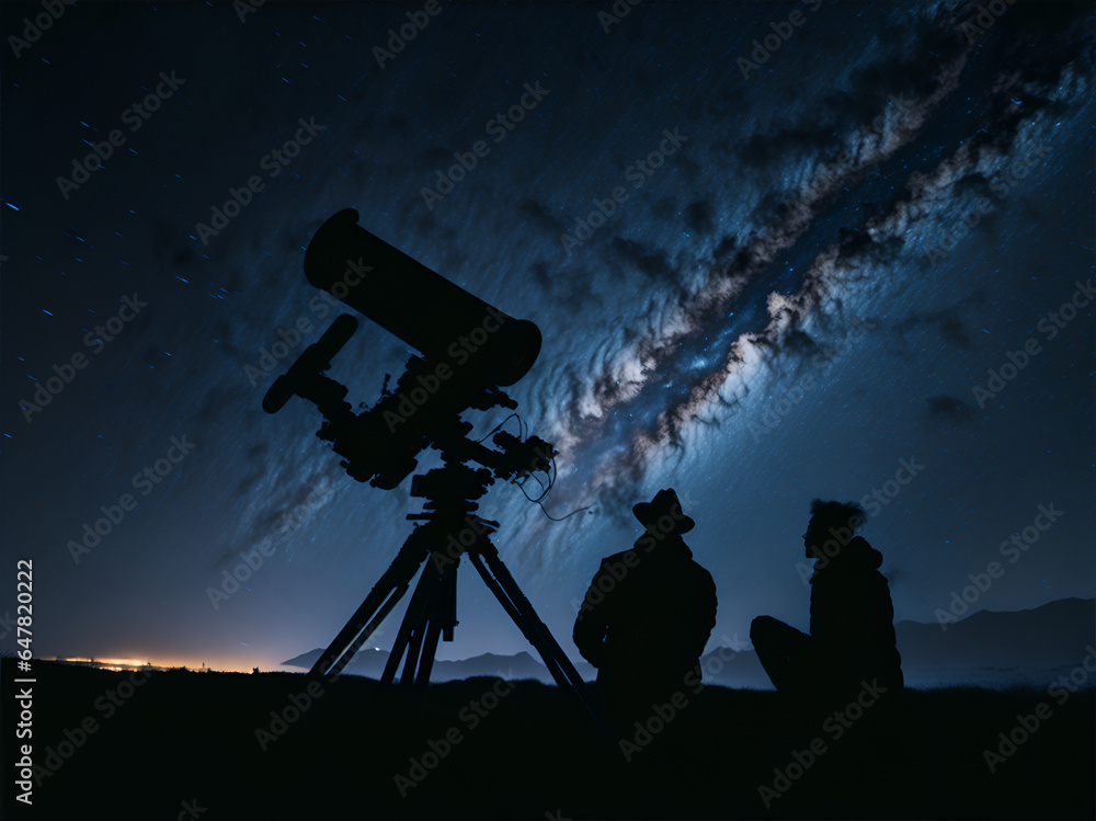 Astronomers and astrophysicists using powerful telescopes to explore