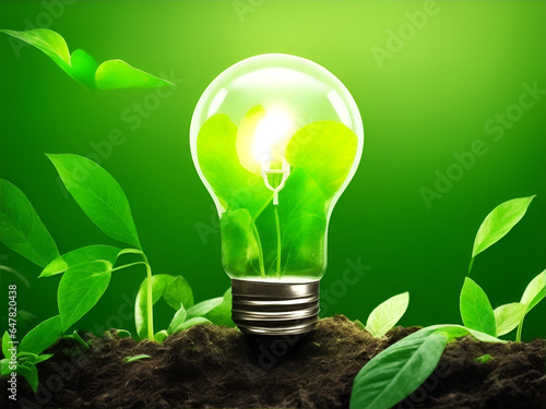 A green light bulb on a green background. green energy. Renewable energy sources are important for the world. AI Generated