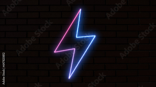 Neon lightning bolt, glowing sign. Blue and purple neon light icon isolated in black background. Electric thunder 80s style concept