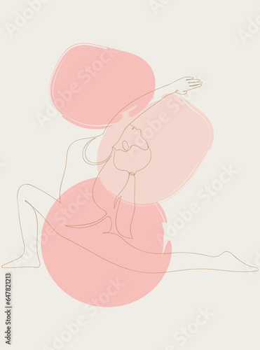 Minimalist poster of yoga. Continuous line art poster, yoga pose, woman doing yoga on white background. Boho continuous line yoga exercise art print. 