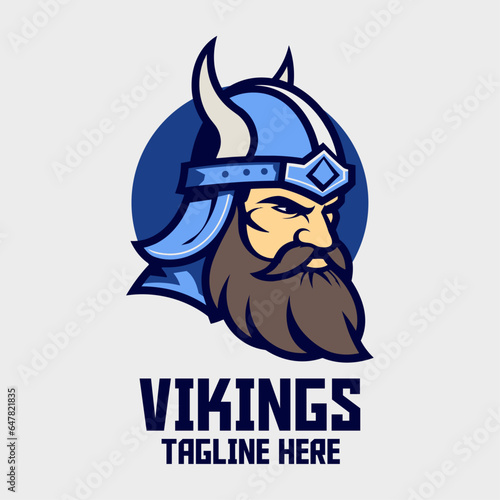 Warrior Sport and Esport’s Norse Mythology Icon Badge Emblem: Nordic Warrior Template and Blue Viking with Helmet Head Mascot Logo