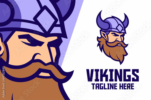 Norse Mythology Icon Badge Emblem for Warrior Sport and Esport: Blue Viking with Helmet Head Mascot Logo and Nordic Warrior Template