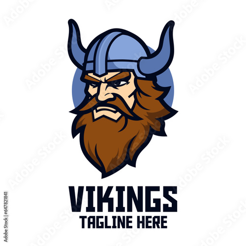 Norse Mythology Icon Badge Emblem: Blue Viking with Helmet Head Mascot Logo for Warrior Sport and Esport’s Nordic Warrior Template