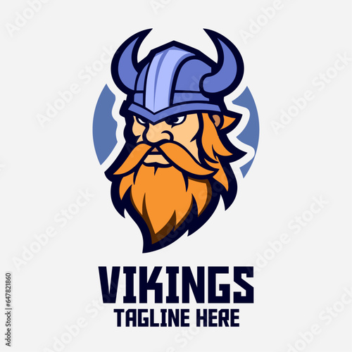 Blue Viking with Helmet Head Mascot Logo: Nordic Warrior Template and Norse Mythology Icon Badge Emblem for Warrior Sport and Esport