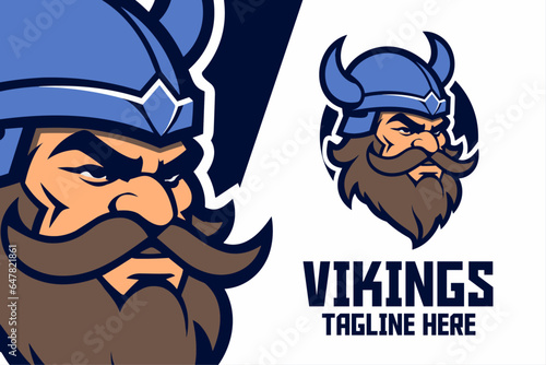 Nordic Warrior Template for Warrior Sport and Esport: Blue Viking with Helmet Head Mascot Logo and Norse Mythology Icon Badge Emblem