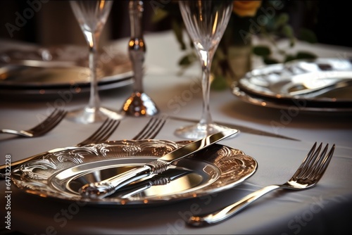 A silver plate with silverware set on a table. Perfect for showcasing elegant dining settings.