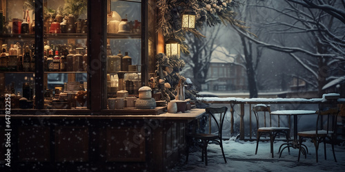 Coffee shop winter setting outside the window