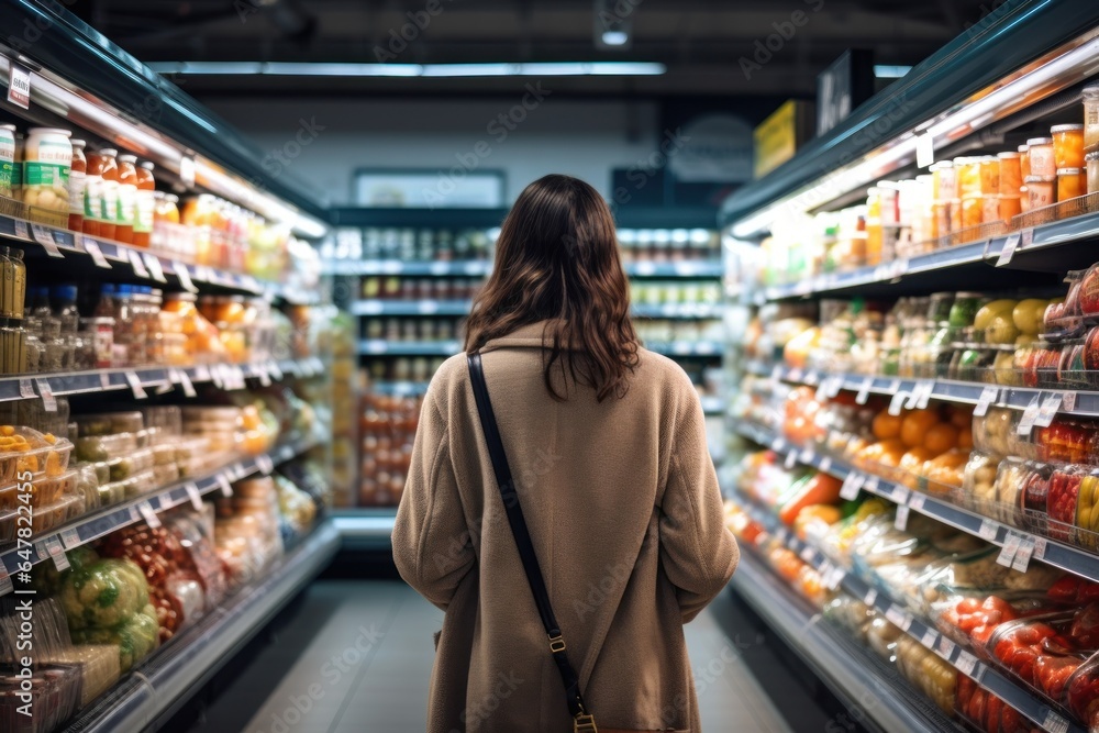 A woman standing in a grocery store aisle. This image can be used to depict grocery shopping, healthy eating, or consumer choices.
