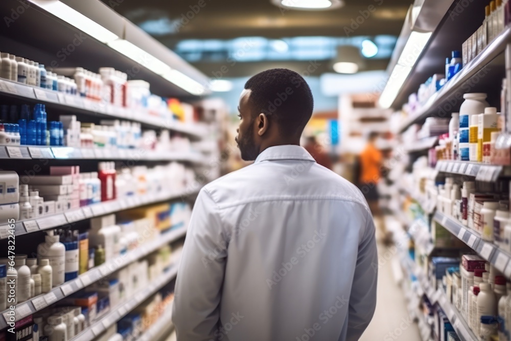 A man is seen standing in a store aisle, carefully examining the various products on display. This image can be used to depict shopping, consumerism, retail, or decision-making processes.