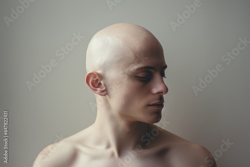 A picture of a man with a bald head and no shirt. This image can be used to represent masculinity, confidence, or vulnerability.