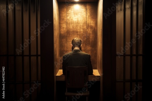 A man is seen sitting at a desk inside a jail cell. This image can be used to depict the concept of imprisonment, confinement, or incarceration.