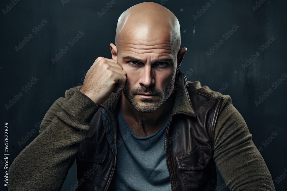 A bald man wearing a brown leather jacket. This versatile image can be used to depict various themes such as fashion style masculinity or even a tough and rugged look. Stock Photo