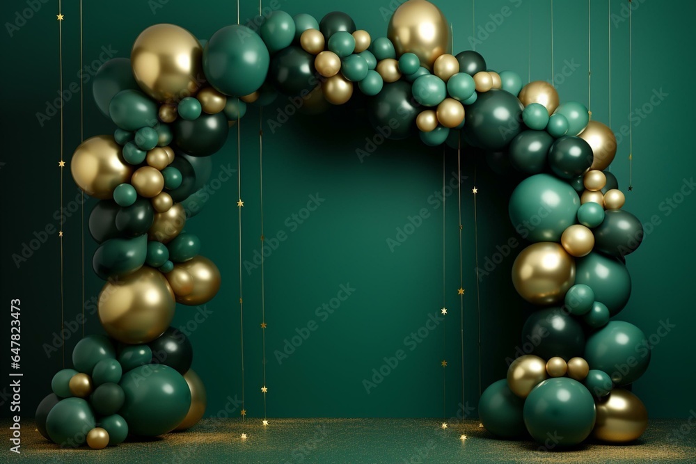 Balloon arch of dark green and gold on green background. Generative AI - obrazy, fototapety, plakaty 