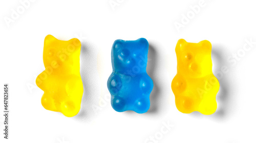 Multicolored jelly candies gummy bears, isolated on white background