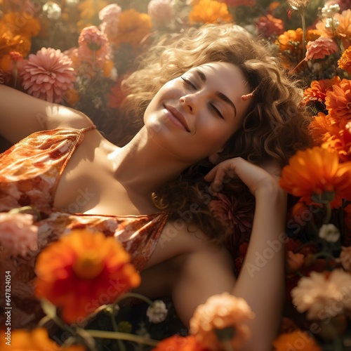A woman lies down in a field of colorful flowers 