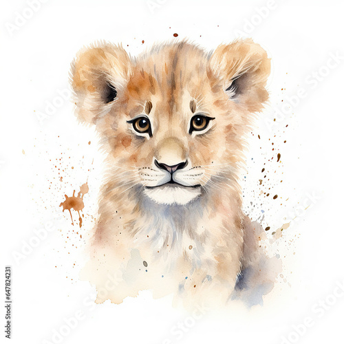Watercolor Painting of a Lion Cub on a White Background,  Cute, Baby Lion