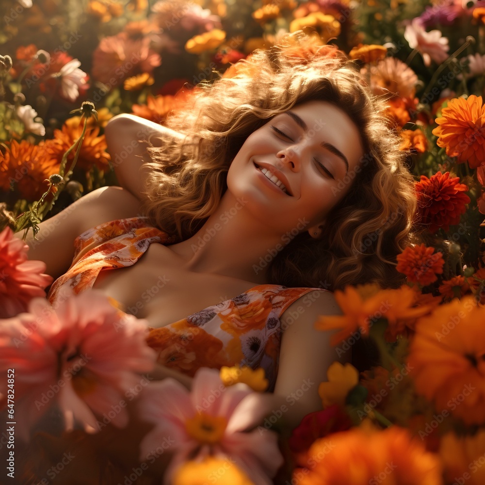 A woman lies down in a field of colorful flowers