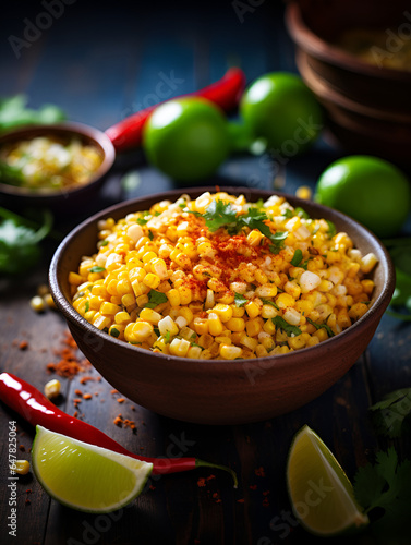 Mexican corn esquites salad in a brown ceramic bowl on wooden table, Mexican traditional street food
