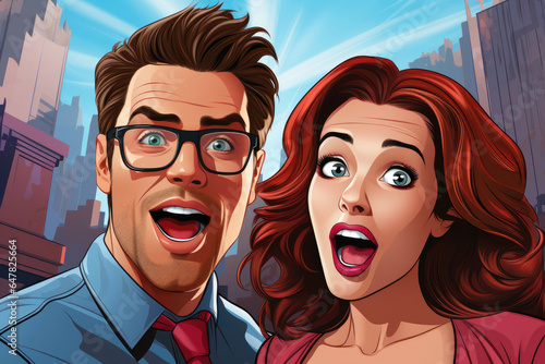 A dashing young man and a glamorous woman in glasses, both caught in a moment of genuine surprise, against a dazzling retro comic background.