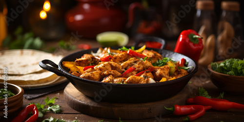 Delicious chicken fajita in a pan with corn tortillas  jalape  os and cilantro on wooden table in the kitchen