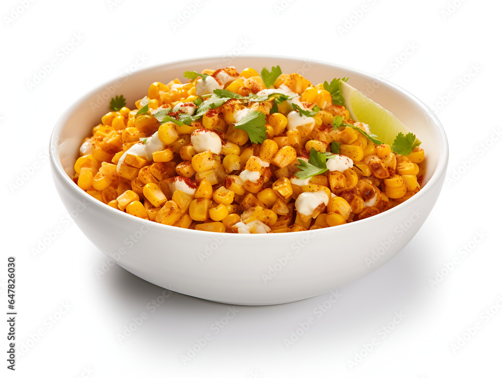 Homemade Mexican corn esquites salad in a white bowl on white background, Mexican traditional street food Homemade Mexican corn esquites salad in a white bowl on white background, Mexican traditional street food