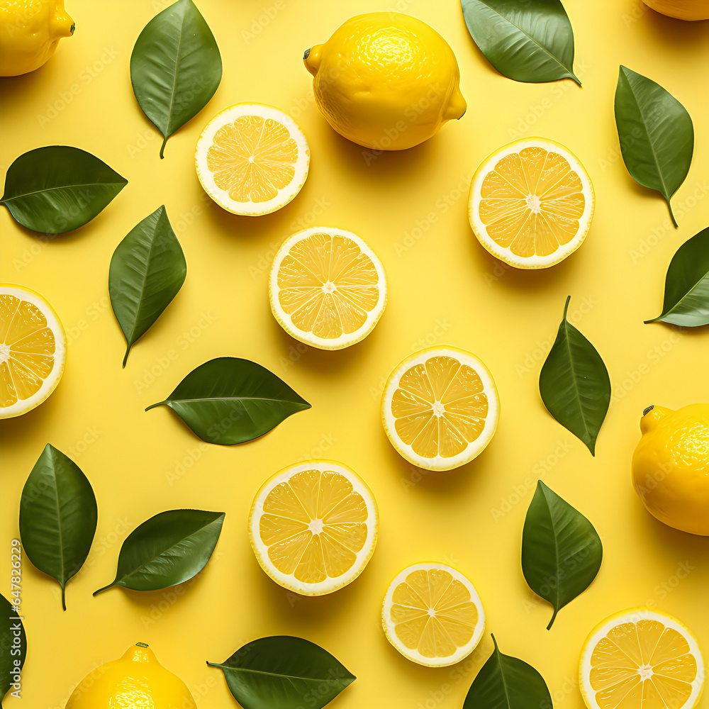 Seamless pattern of lemons on yellow background. Tight shadow of the fruit. Citrus with vitamin C. 