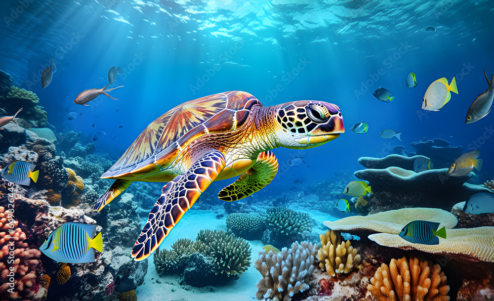 Obraz premium A turtle with a group of colorful fish and marine animals with colorful corals underwater in the ocean. 