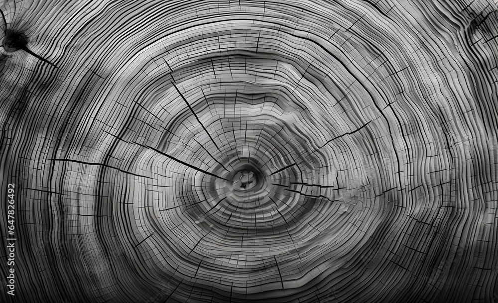 Obraz premium Warm gray texture of a cut tree. Detailed black and white texture of a cut tree trunk or stump. Rough organic wood rings with close-up of end grain.