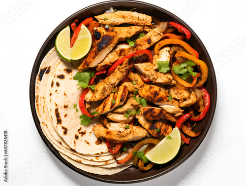 Top view of delicious chicken fajitas in a pan with corn tortillas, isolated on white background