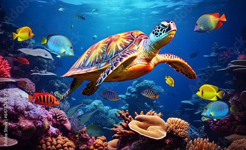 A turtle with a group of colorful fish and marine animals with colorful corals underwater in the ocean. 