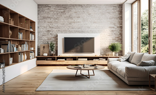 TV cabinet in the living room with Scandinavian decor.