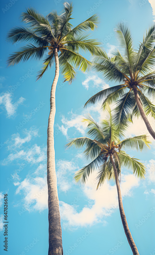 Blue sky and palm trees view from below, vintage style, tropical beach and summer background, travel concept. 